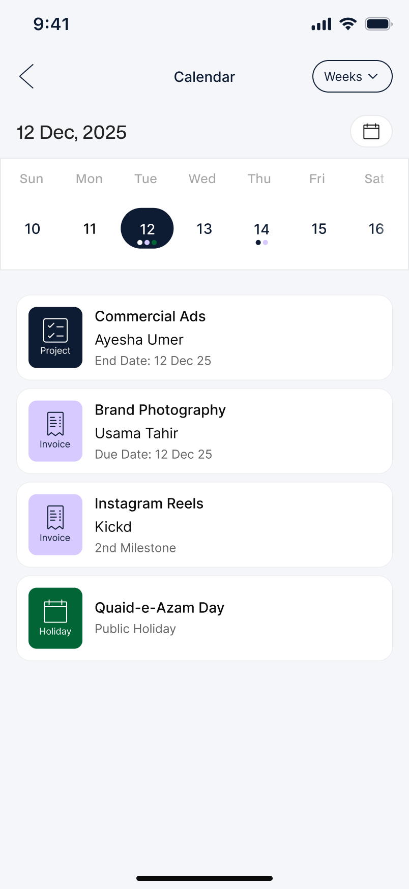 Create financial calendar showing incoming payments, due dates, and payouts laid out on a timeline