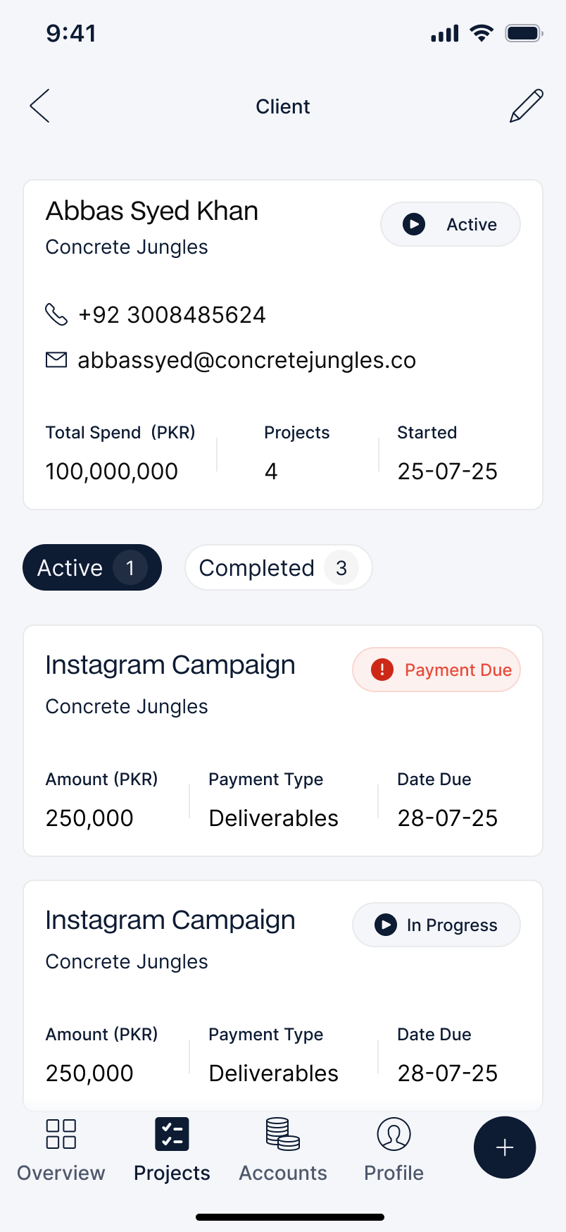 Create client management screen listing brands with their payment history, project records, and status