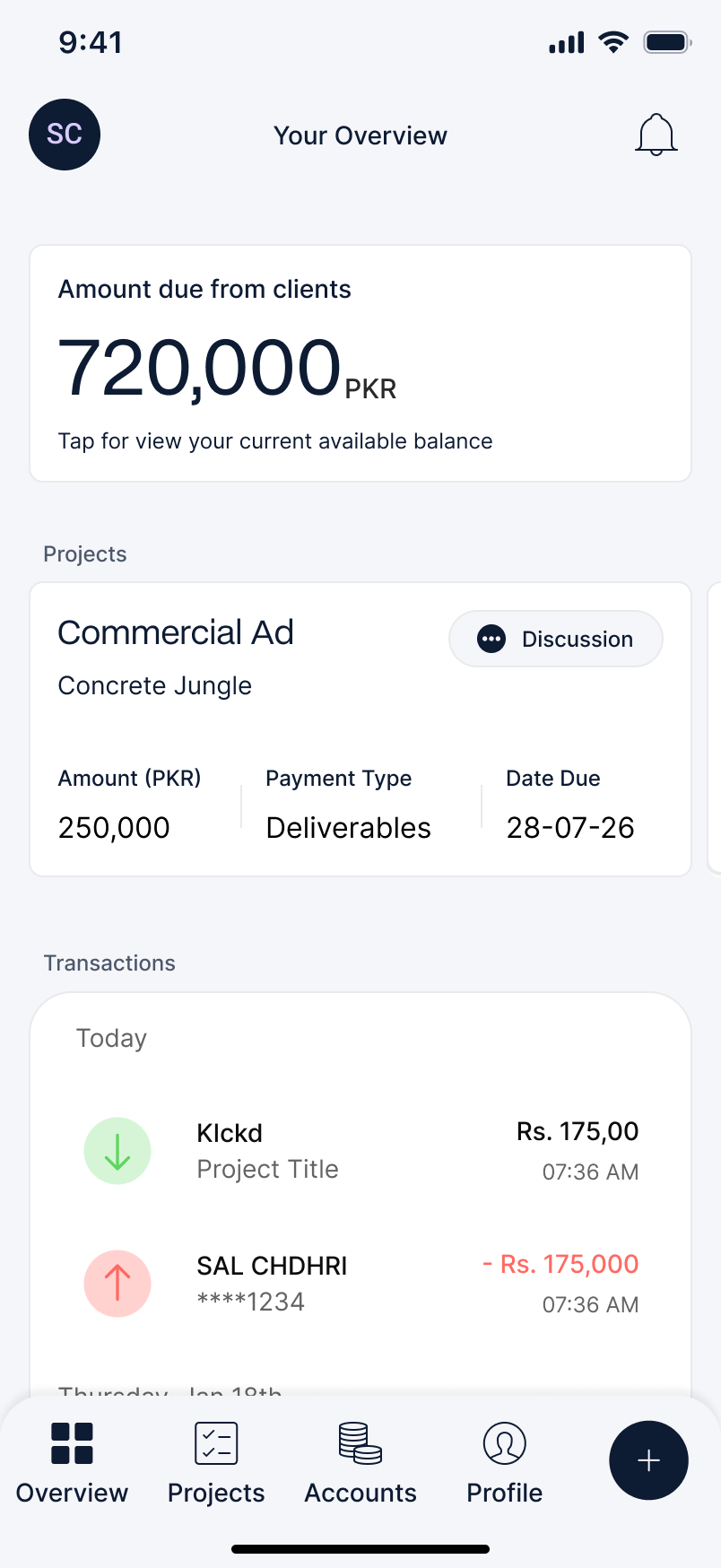 Create dashboard showing a creator's finances at a glance, active projects with milestones, and client activity