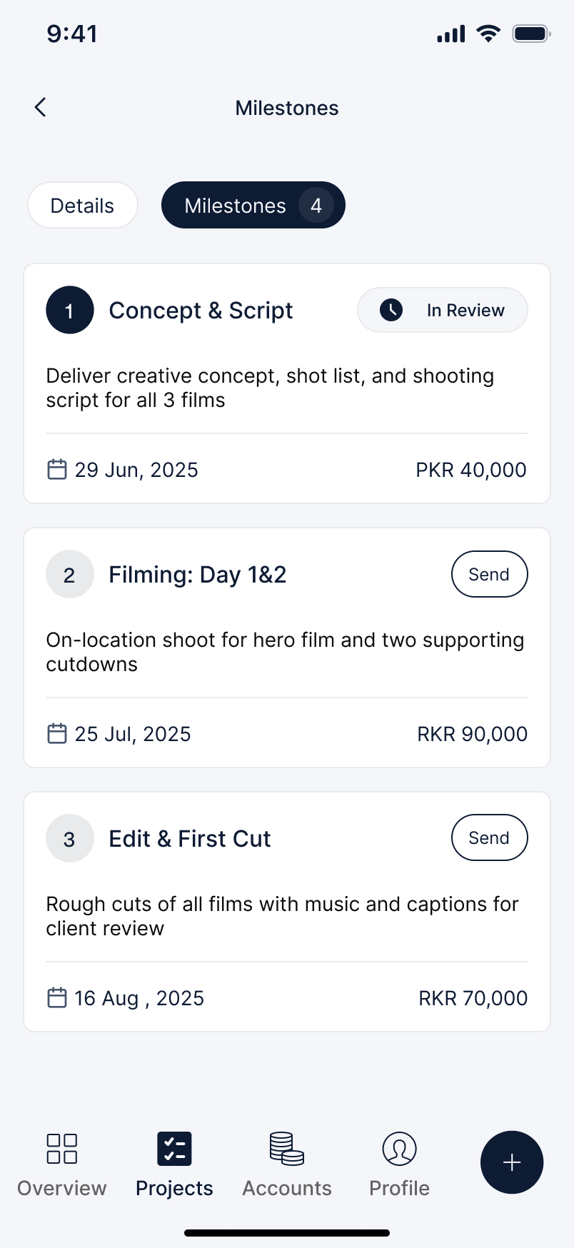 Create milestones screen showing a project's deliverables and milestone payments releasing as work is approved