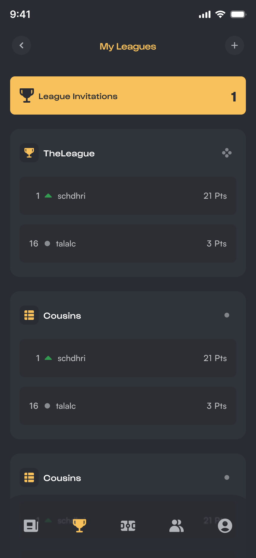 Kickd league list screen showing league standings, invitations, and points