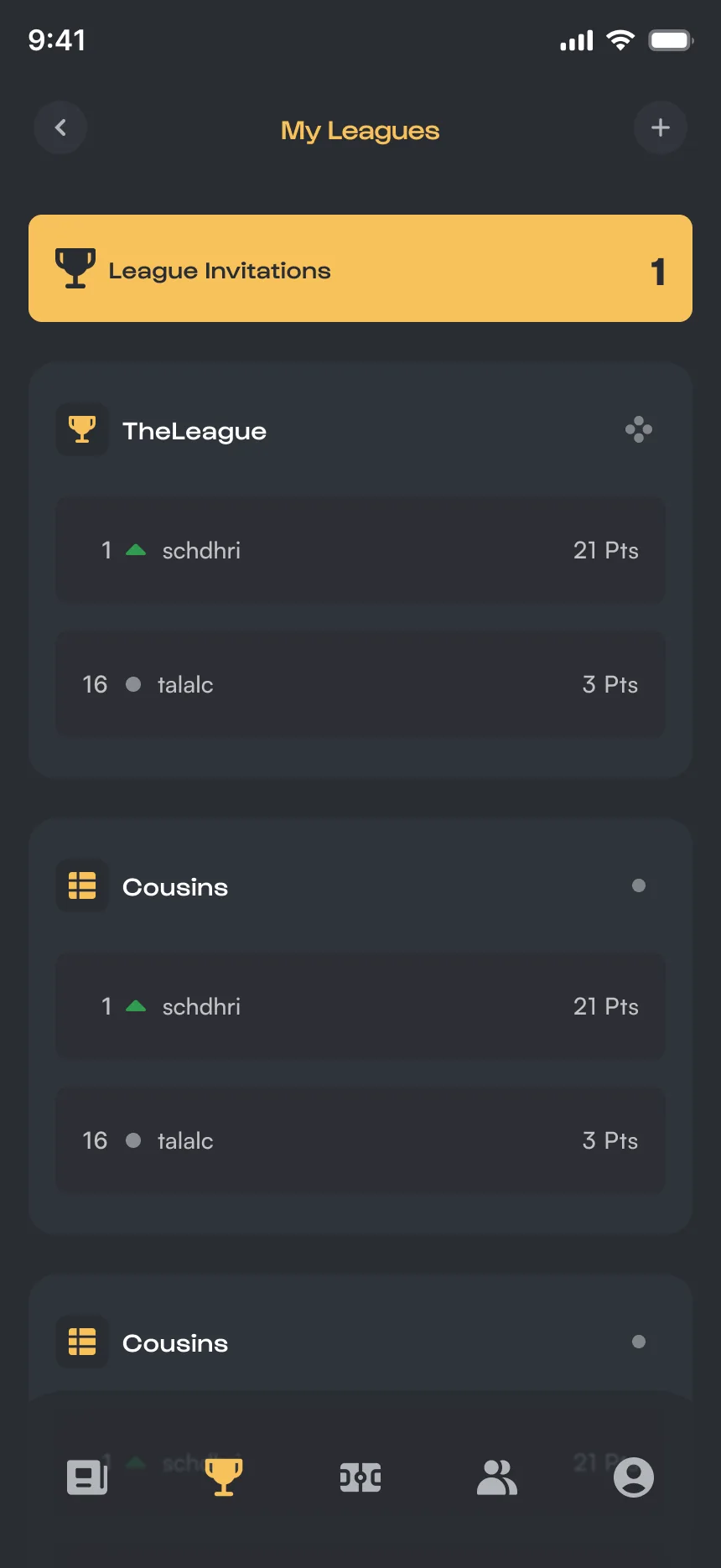 Kickd league list screen showing league standings, invitations, and points