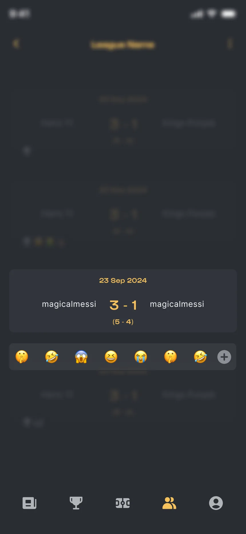 Kickd emoji reaction picker — eight emoji options overlaid on the score card